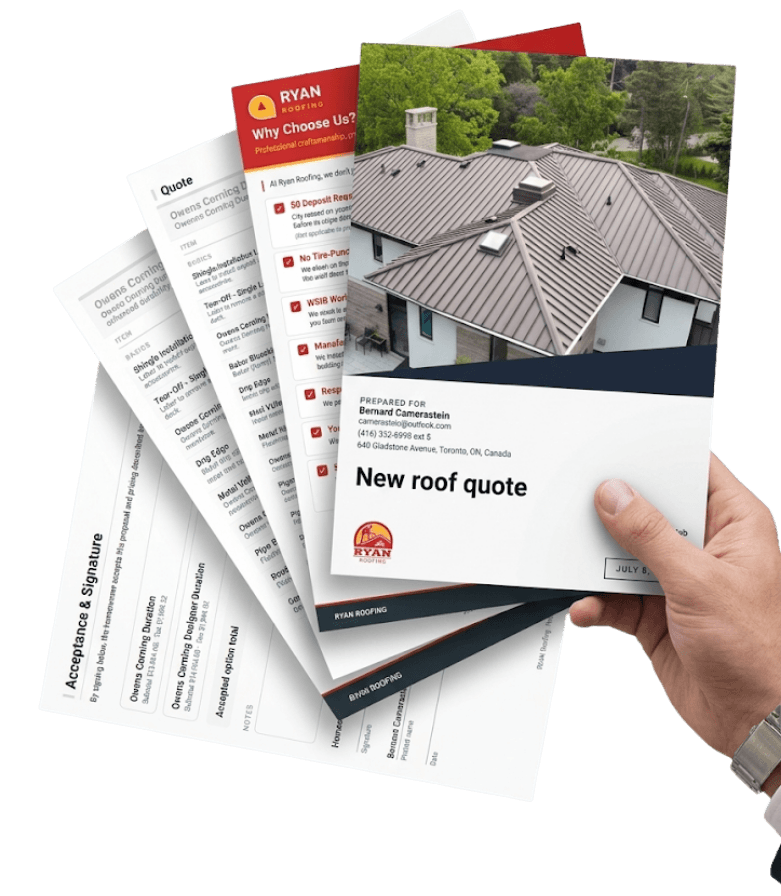 A printed Vertex CRM proposal fanned out: branded cover page, itemised quote, and signature page